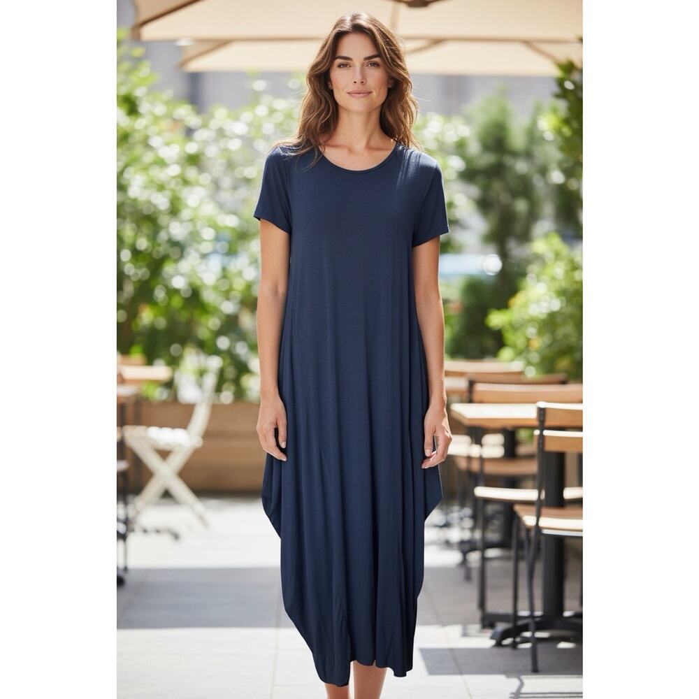 Saga Italy Dress Women One Size Navy Parachute Midi Stretch Lagenlook NWOT
